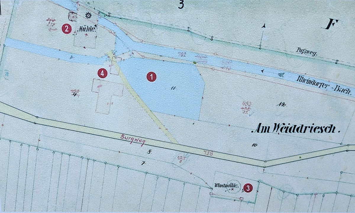 Eine Lagekarte des Geländes mit dem Bach und dem Mühlenweiher.